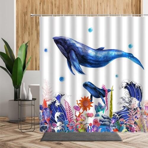 3D Blue Whale Bathroom Shower Curtain Sea Wave Ocean Plants Bath Room Decor Accessories Waterproof Polyester Fabric Curtains Set