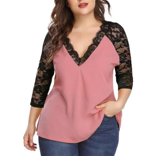 5XL Plus Soze Women Blouse Pullover Lace Patchwork V Neck Autumn Winter Loose Contrast Color 3/4 Sleeve Shirt Tops Streetwear