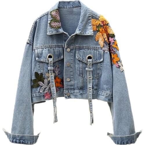 Spring Embroidered Denim Jacket Female New Sequined Flower Short Jacket Casual Denim Coat Women Loose Long Sleeve Streetwear