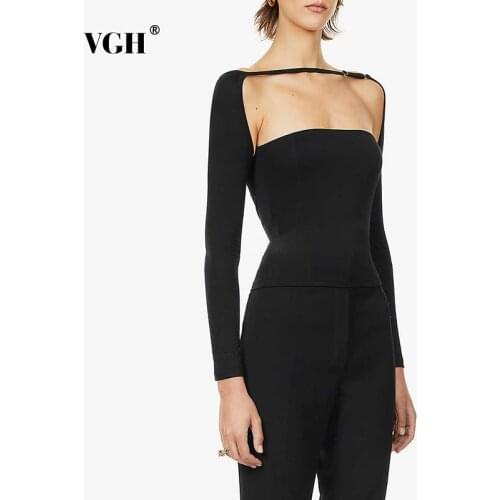 VGH Black Sexy Slimming T Shirts For Female Round Neck Long Sleeve Casual Minimalist T Shirt Womens 2021 Autumn Fashion Clothes