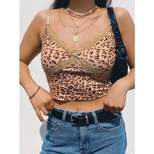 Women´s Leopard Print Sleeveless Camisole V Neck Spaghetti Strap Lace Trim Tank Top