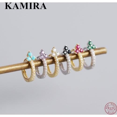 KAMIRA 925 Sterling Silver Korean Simple Geometric Three-Leaf Flower Rainbow Zircon Hugging Stud Earrings for Women Cute Jewelry