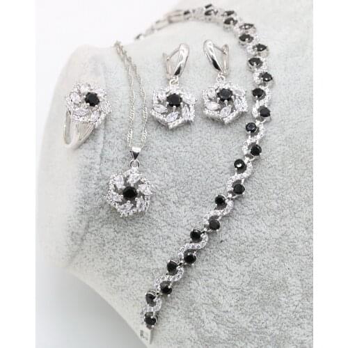 XUTAAYI 925 Silver Wedding Jewelry Sets For Women Black Topaz Bracelet Rings Bridal Pendant Necklace Earrings For Women
