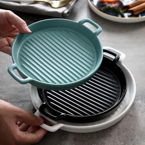 1pcs Ceramic Dinner Plate Dessert Dish Home Steak Plate With Handle Dinnerware Breakfast Tray Fruit Tableware Dishes Cake Plates