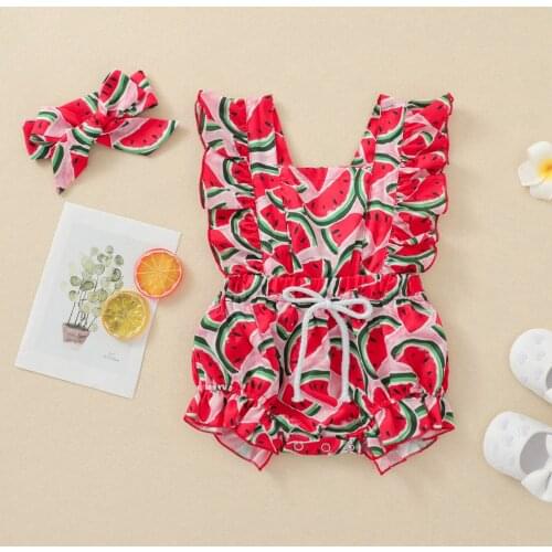 0-24 Months Baby 2pcs Summer Clothing For Girls Watermelon/Leopard Print Square Collar Flying Sleeves Waistband Tie + Hair Tie