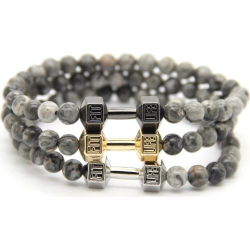 Ailatu Mens Powerful Barbell Jewelry Made By 6mm Grey Veined Picture Stone Beads and Alloy Fitness Dumbbell Bracelets