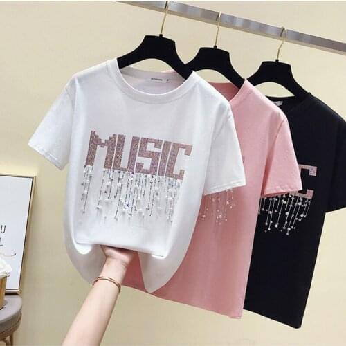 Shiny Lurex t shirt women clothes summer tops mujer verano 2019 Pearls Beaded top cotton t-shirt women tshirt tee shirt femme