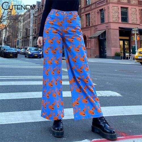 Cutenew Fashion High Waist Pattern Print Wide Leg Pants Women 2021 Summer Stretch Zipper Streetwear Casual Lady Straight Trouser