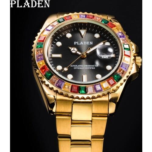 PLADEN 18K Gold Mens Watches Top Brand Luxury Candy Gem Diamond Sapphire Clock Luminous Hands Male Timepieces Relogio Masculino