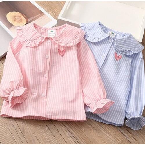 2021 Spring Autumn 2 3 4 5 6 8 10 Years Children Kids Baby Long Trumpet Sleeve Striped Doll Collar Cotton Blouse Shirt For Girls