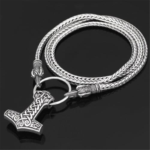 Mens Norse Viking Odins Crow Chain&Thor Hammer Mjolnir Pendant Necklace Gifts