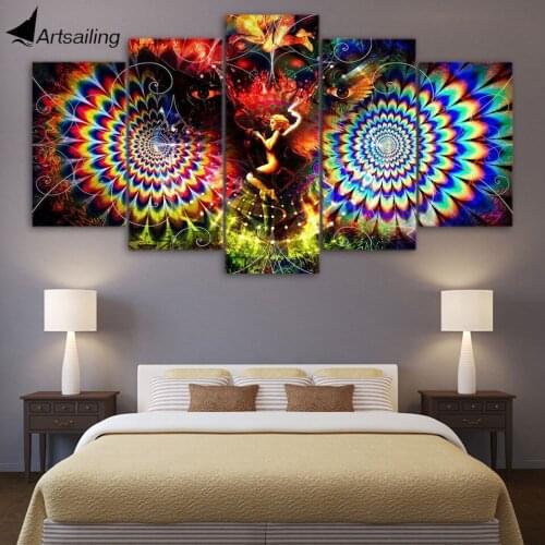 HD Printed 5 Piece Canvas Art Girl In Psychedelic Space Canvas Prints Wall Pictures for Living Room Free Shipping NY-7485B