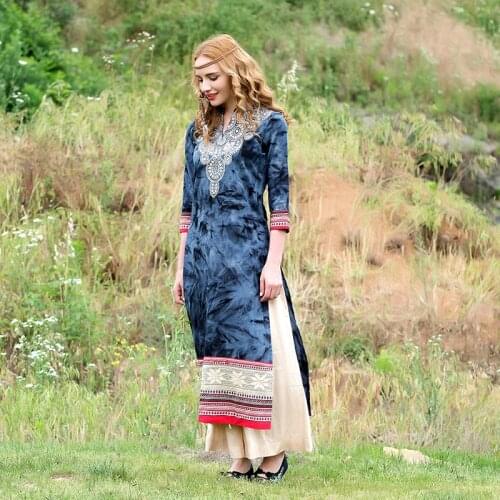 Indian Dress Ethnic Blouses for Women Embroidery Cotton India Folk Style Thin Spring Summer Dresses Long Kurti Indian Clothing