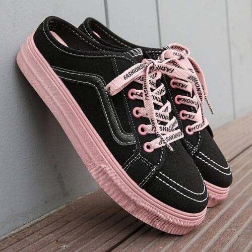 Canvas Shoes Women Spring Aummer Womens Lace-up Casual Shoes Without Heel Half Support One Pedal Lazy Pink Shoes Size 35-40