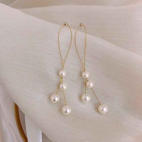 Fashion Pearl Long earrings Personality Simple Gold Color Fishing Line Pearls Earrings Temperament Advanced Women Jewelry