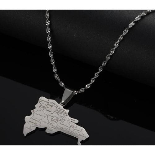 Stainless Steel Trendy Dominican Map With City Name Pendant Necklaces Dominicans Map Chain Jewelry