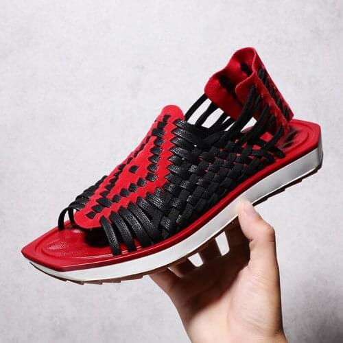 Mens Flats Roman Summer Casual Straw Weave Beach Shoes Sandals Slingback Boys Real Leather Hiking Plus Size New 2021