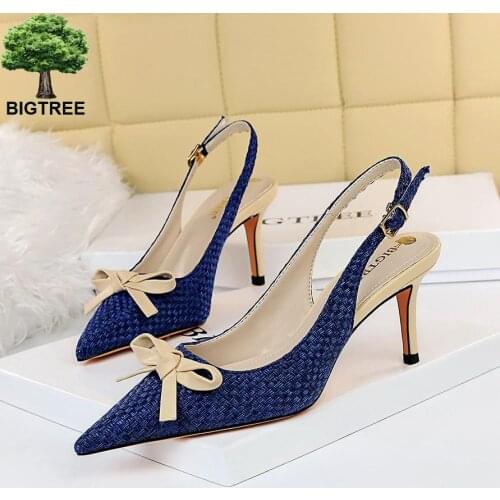 BIGTREE High Heels Fashion Knitting Mules Shoes Bowknot Women Shoes Stiletto Buckle Strap Sandals Ladies Women Pumps Blue