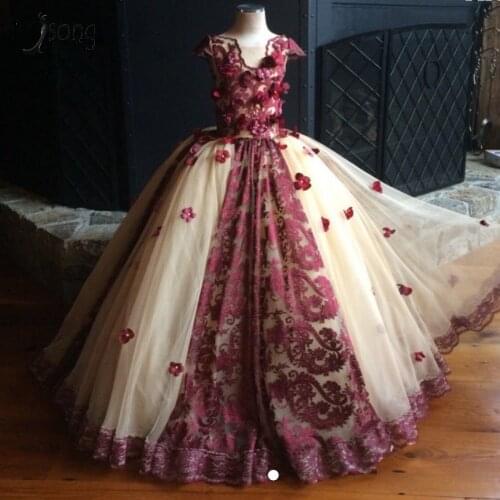 Wine Colored And Cream dress 3 D Flower Puffy Kids Pageant Dress First Communion Dresses For Girls Lace Flower Girl Dress