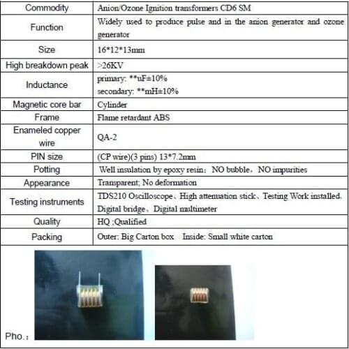Five-slot 3-pin Transformer, Negative Ion Ozone High Pressure Package
