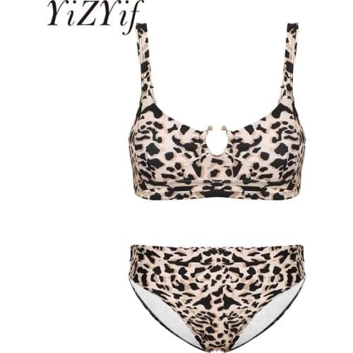 Sexy Summer Bikinis Womens Leopard Print Swimsuit Swimwear Bathing Suit Padded Push Up Bra Top with High Waist Bikini Bottoms