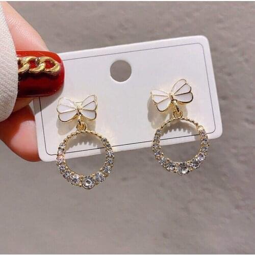 YAOLOGE Bowknot Circle Drop Earrings 2020 Fashion Earrings For Women Bright Rhinestones Small Cute Elegant Statement Jewelry