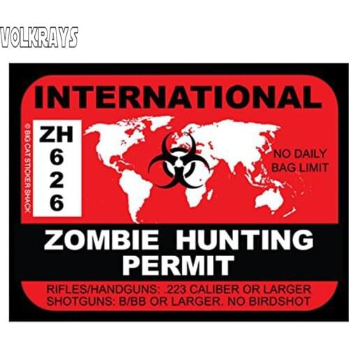Volkrays Creative Car Sticker International Zombie Hunting Permit Accessories Sunscreen PVC Decal for Porsche Mazda 6,13cm*17cm