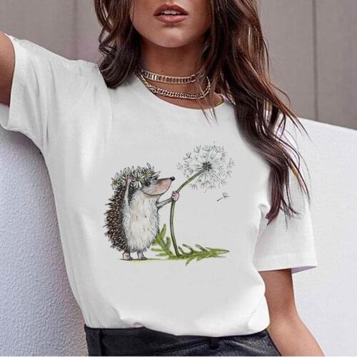 Women T Shirt Hedgehog with Dandelion Print Female Summer Tees Short Sleeved Oversized T-shirt Fashion Streetwear White Tshirt