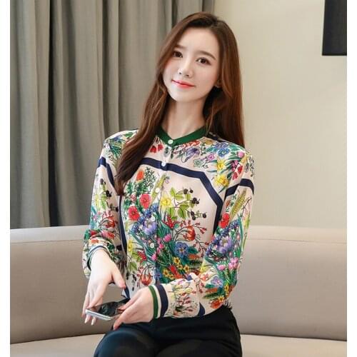 Silk shirt womens long-sleeved 2021 spring new style casual loose fashion stand-up collar retro printing mulberry silk top