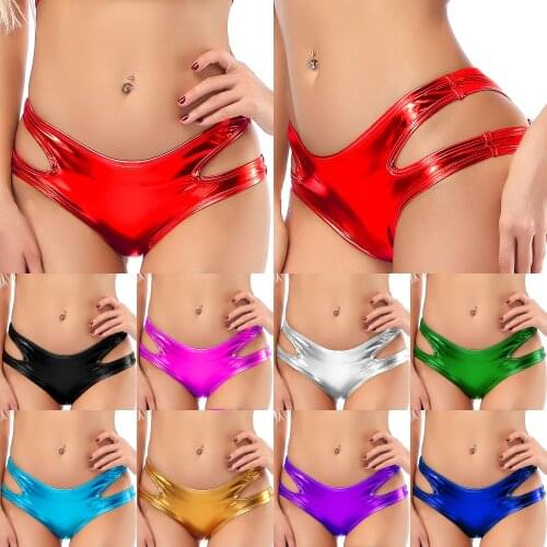 Womens Shiny Metallic Hollow Out Briefs PU Leather Hot Shorts Sexy Lingerie Underwear Rave Dance Clubwear Pole Dancing Panties