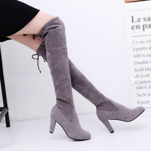 Women Boots Plus Size Autumn Winter Sexy Over The Knee Long Boots Lace Up Comfortable Square High Heels Shoes Женские сапоги