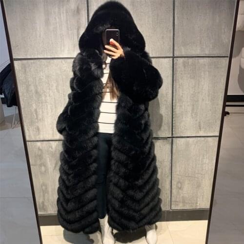 Real fur coat X-long ladies natural fox fur coat long hooded women real fox fur coat long