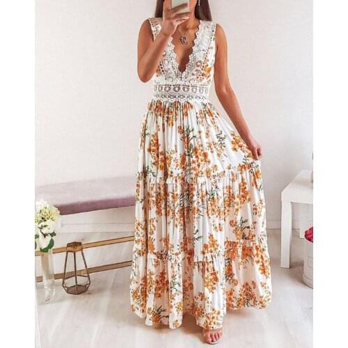 Bohemian Multi Color Floral Print Maxi Vestidos Robe 2020 Summer Beach Sexy Women Deep V Neck Sleeveless Long Dress 2 Color