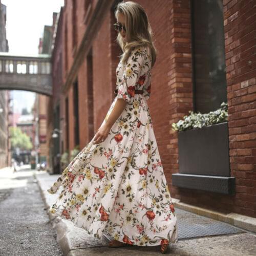 Dress Women 2019 New Womens Summer Boho Floral Long Dress Half Sleeve O-Neck High Waist Loose Floral Print Dress vestidos