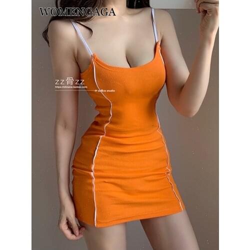 WOMENGAGA Sexy Sweet Fashion Slash Neck Low Chest Color Patchwork Elastic Slim Temperament Bottom Strap Hot Tank Mini Dress I7E7