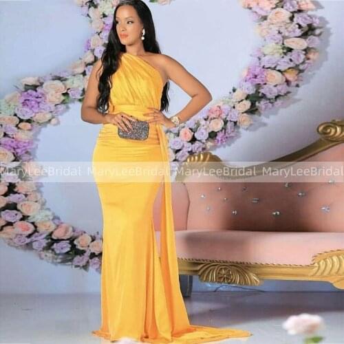 One Shoulder Gold Yellow Evening Dresses With Ribbon Mermaid Formal Evening Party Gowns 2021 Sexy Long Maxi Dresses For Women