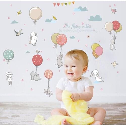1PC Cartoon Balloon Rabbits Wall Sticker For Kids Room Furniture Wardrobe Bedroom living Room Color Birds Cloud Cute Decor