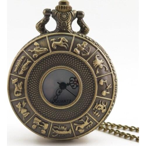 1011) Punk Style Constellation Zodiac Pocket Watch Necklace, Dia 4.5 cm. 12 pcs/lot
