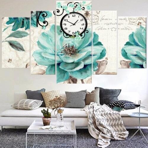 5 Pieces Wall Art Canvas Painting Green Flower Clock Poster Modern Living Room Wall Painting Home For Decoration Pictures