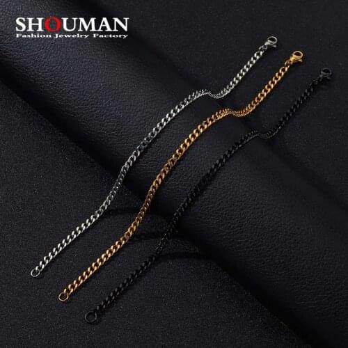 SHOUMAN 3.5mm Mens Bracelets Stainless Steel Curb Cuban Link Chain Silver Color Black Gold Bracelet Men Women Jewelry Gift