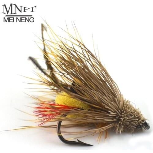 MNFT 10PCS Fly Fishing Grass Hopper Flies Terrestrial Dry Yellow Egg Inside Brown Beard Peacock Fly Size #6