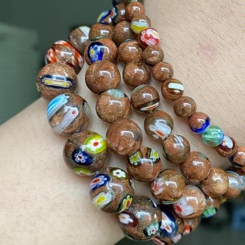 Natural Stone Beads Gold sandstone Millefiori Flower Round Beads For Jewelry Making Diy Bracelet Necklace Supplies 6 8 10 12mm