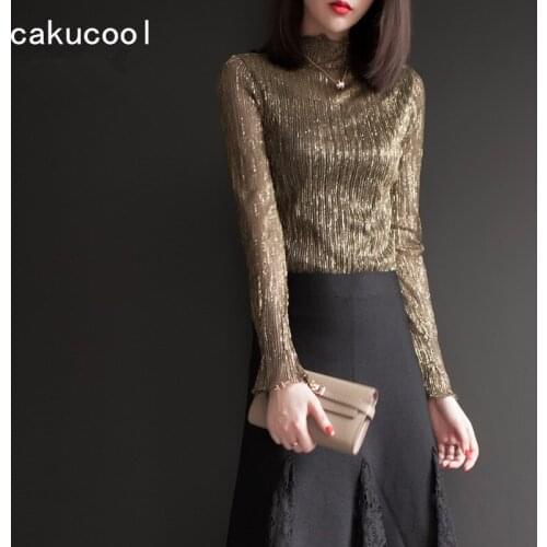 Cakucool Hot gold lurex Blouses Shirt Women Long Sleeve Stand Collar Shiny Fleece Inner Slim Mesh Lace Basic Shirt Top Female