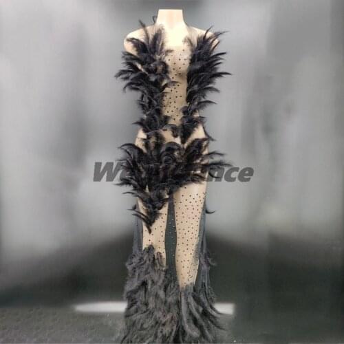 Black Rhinestones Feather Transparent Net Long Dress Birthday Celebrate Outfit Bar Prom Women Singer Dancer