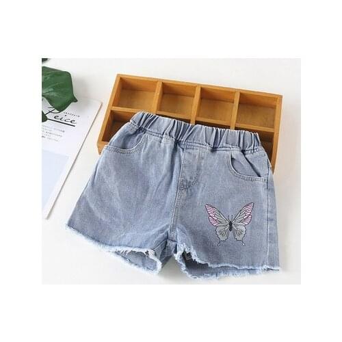 Girls' Hairy Fringed Denim Shorts Korean Big Kids Print Butterfly Shorts 2021 Summer New Girls Jeans Toddler Trousers Shorts