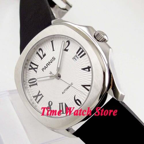 Parnis 40mm square Japan 21 jewels MIYOTA8215 Automatic movement Mens watch white dial luminous rubber strap Roman numerals