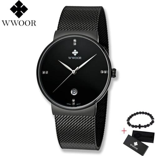 2019 WWOOR All black Mens Watch Fashion Top Brand Luxury Quartz Watch Men Casual Slim Mesh Steel Sport Watch Relogio Masculino