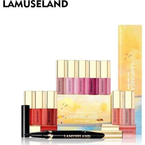LAMUSELAND Makeup Set 12Pcs/Set Lip Gloss and Waterproof Black Eyeliner Pen #LAS402