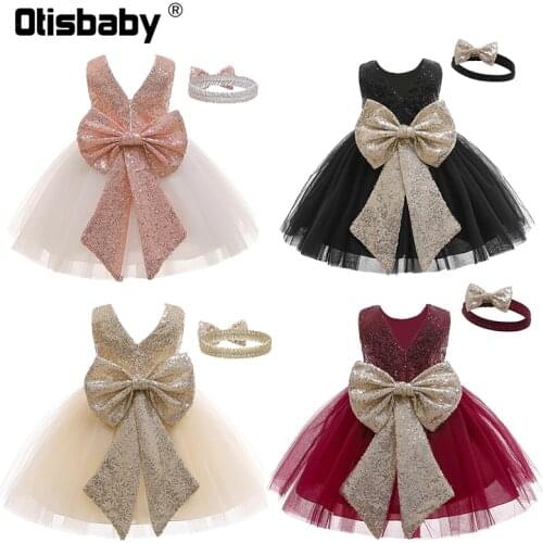 Fancy Baby Girl Sequin 1 2 Years Baby Girl Birthday Party Dress with Headband Elegant Infant Ball Gown Toddler Christening Dress