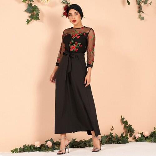 Summer New Products Ladies Embroidery Mesh Color Matching Waist Long-sleeved Arab Dress Banquet Dress Long Black Dress